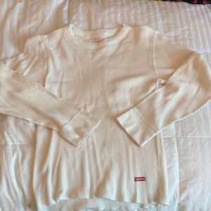 Supreme Cream Waffle Knit Long Sleeve Shirt with Red Logo